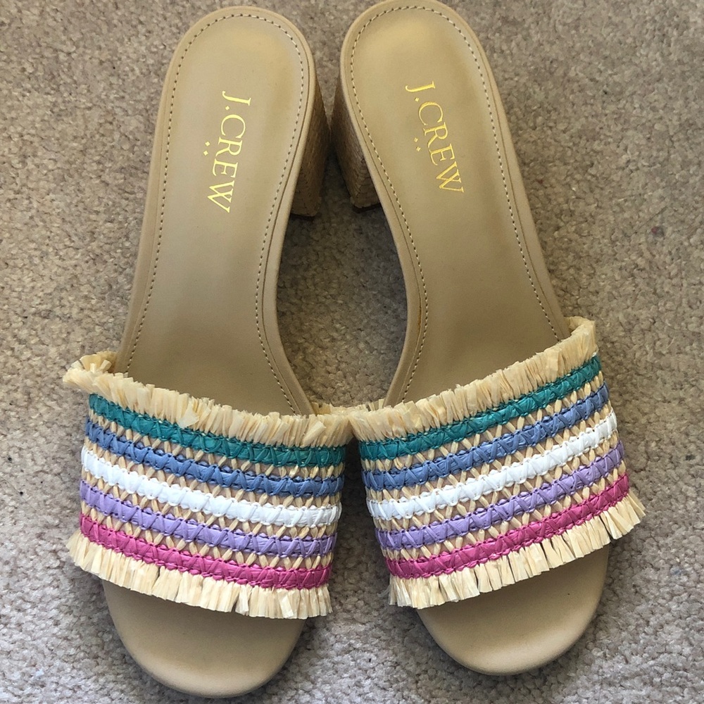 J. Crew Beige Raffia Block Heel Multicolored Mules